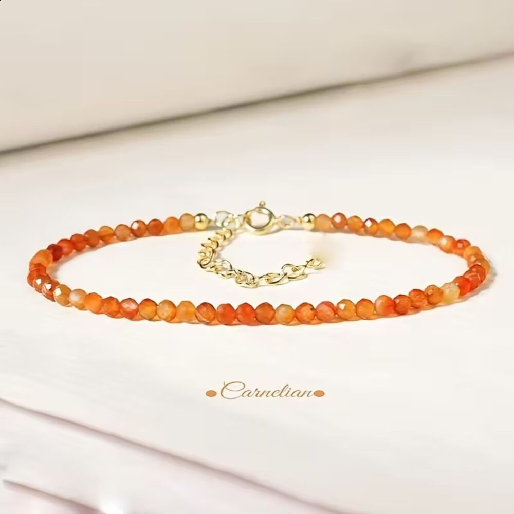 Natural Red Carnelian Gemstone Bracelet 3mm Beaded Adjustable Chain Crystal Boho